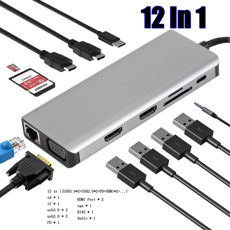12in 1 Tipo-C HUB a USB-C USB3.0 HD TF TF 3.5mm PD Convertidor Adaptador de acoplamiento