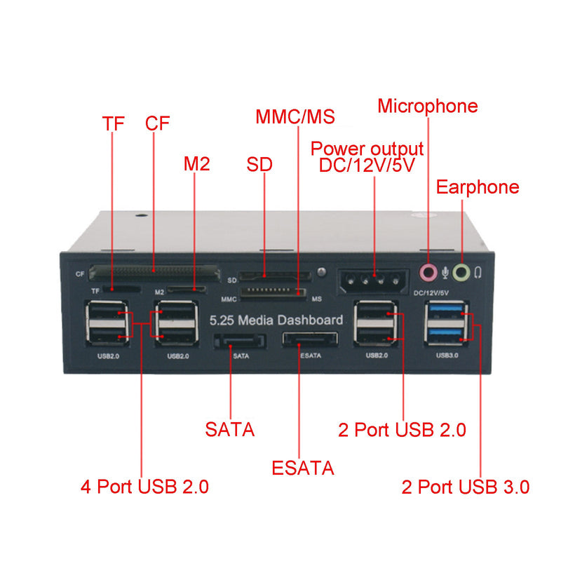 Lector de tarjetas USB 3.0 5 en 1 Concentrador de expansión de panel frontal multifuncional de 5,25"