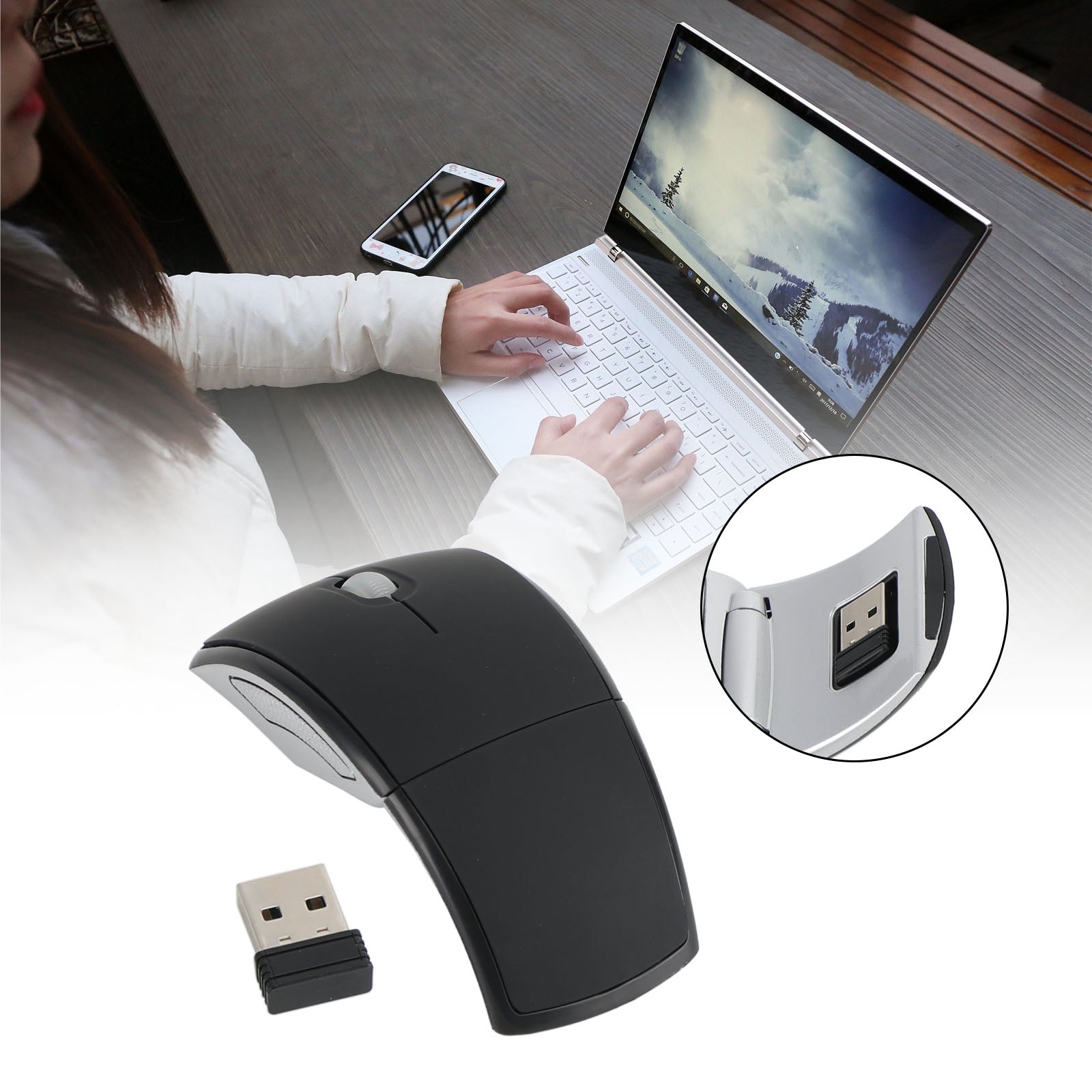 Foldable Arc Touch Wireless Mouse 2.4GHz Optical Touch Receiver PC Laptop