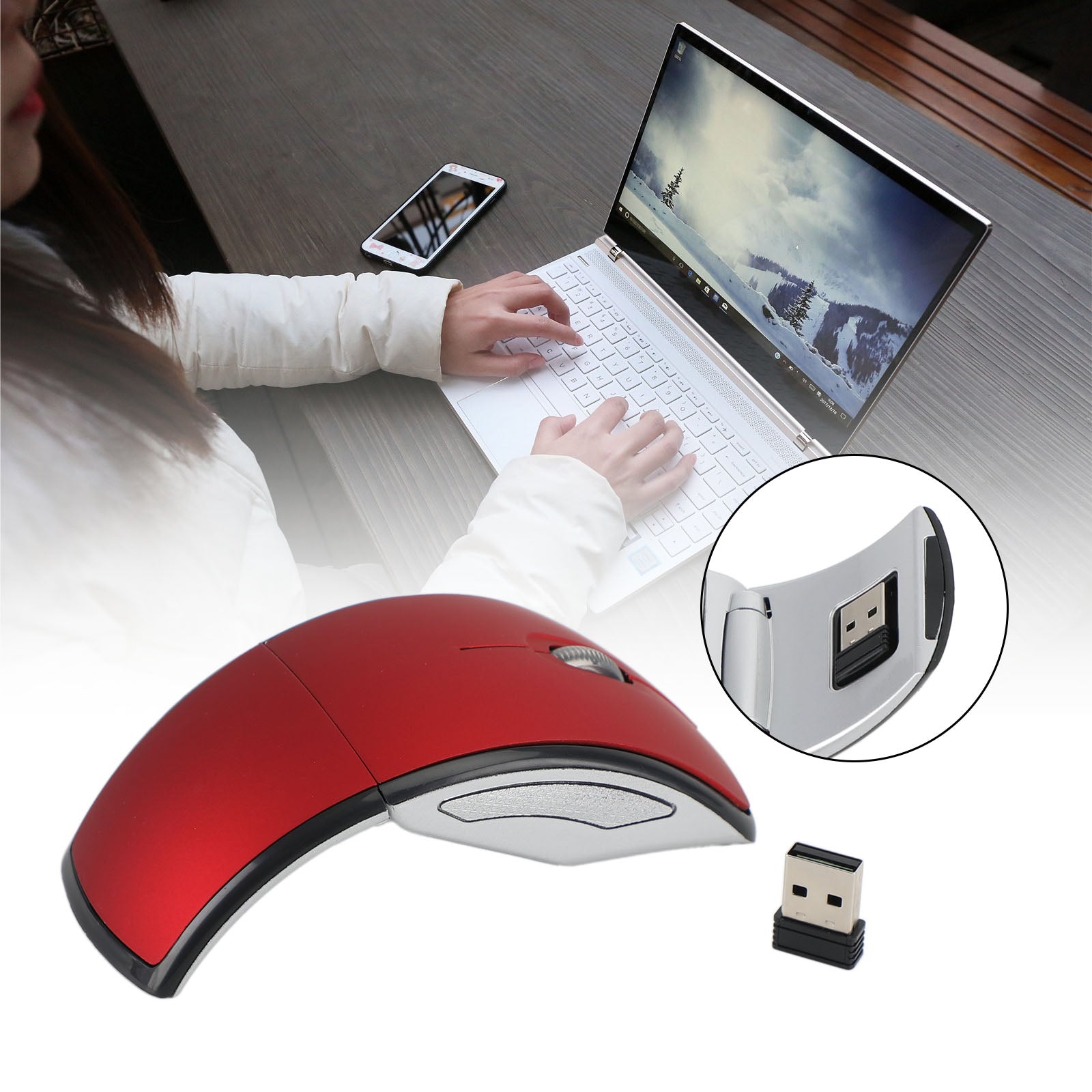 Foldable Arc Touch Wireless Mouse 2.4GHz Optical Touch Receiver PC Laptop