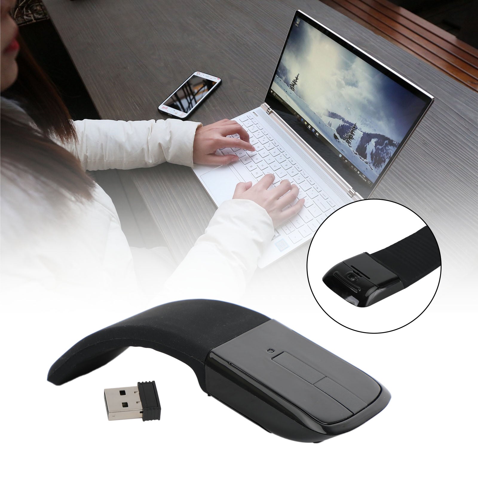 Foldable Arc Touch Wireless Mouse 2.4GHz Optical Touch Receiver PC Laptop