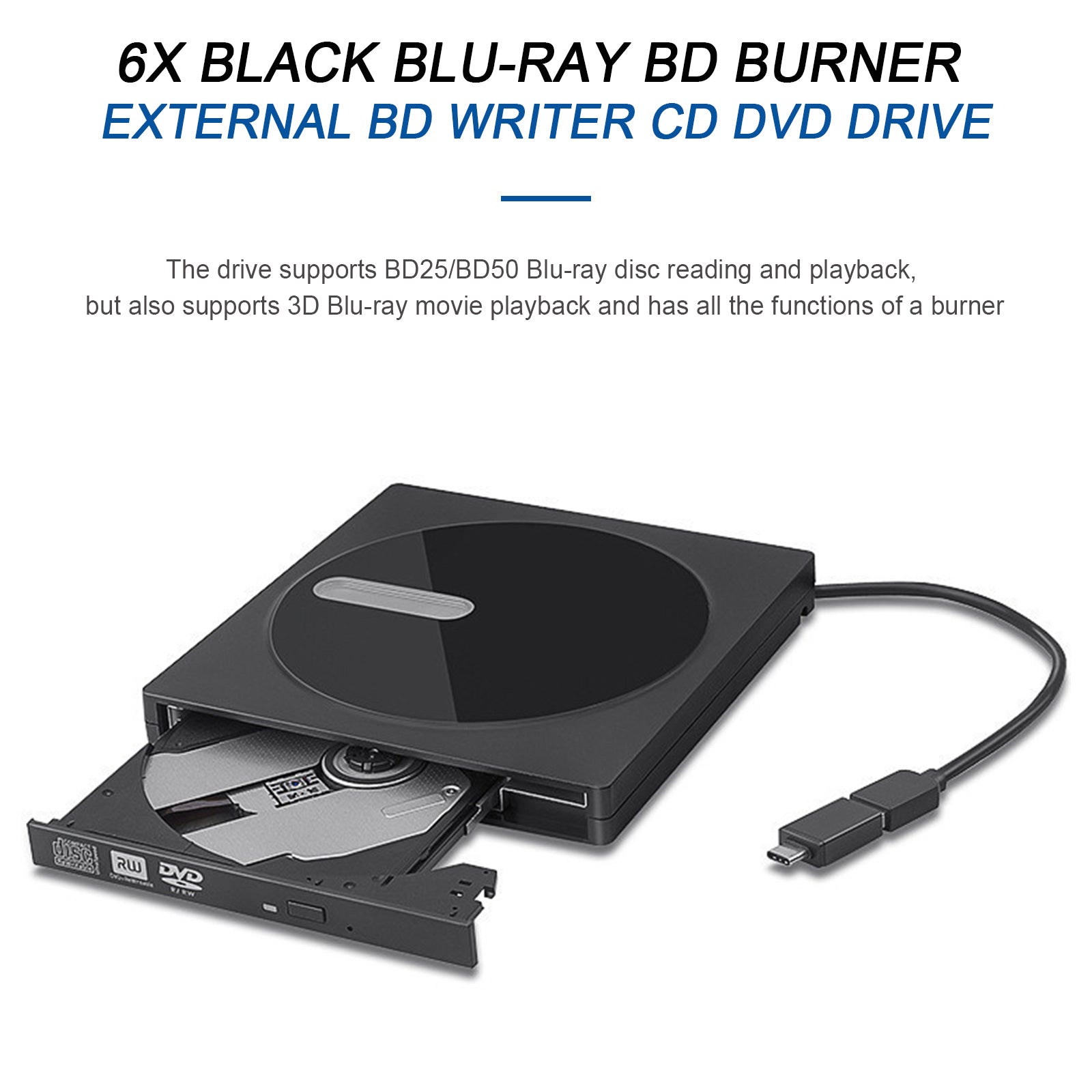 6X Blu ray Burner USB External Super Slim BD DVD CD RW Disc Writer Movie Player