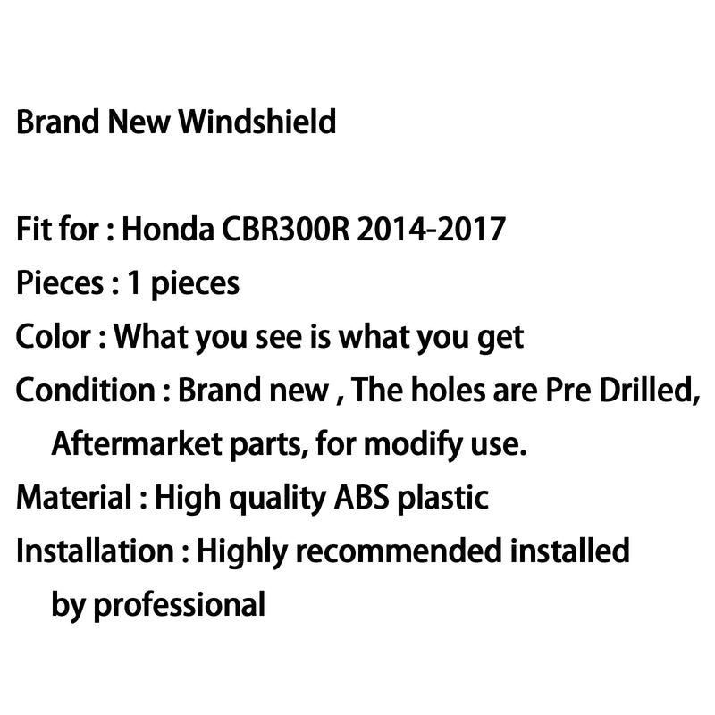 New Moto ABS Plastic Windshield Windscreen For Honda CBR300R 2014-2017 Generic