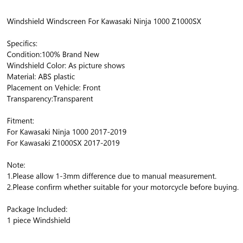 1x دراجة نارية الزجاج الأمامي لكاواساكي نينجا 1000 Z1000SX 2017-2019 عام