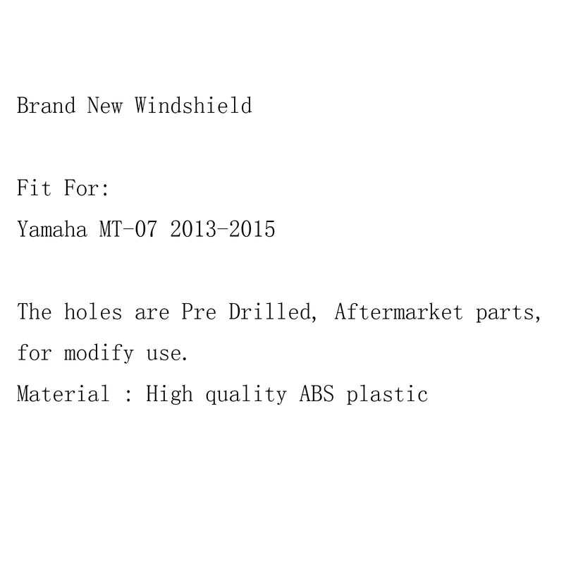 Parabrisas parabrisas + soporte de pernos para Yamaha MT-07 FZ-07 (2013-2015) 2 colores genéricos