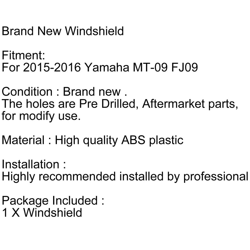 Parabrisas parabrisas para Yamaha FJ09 MT-09 Tracer (2015-2016) 7 colores genéricos