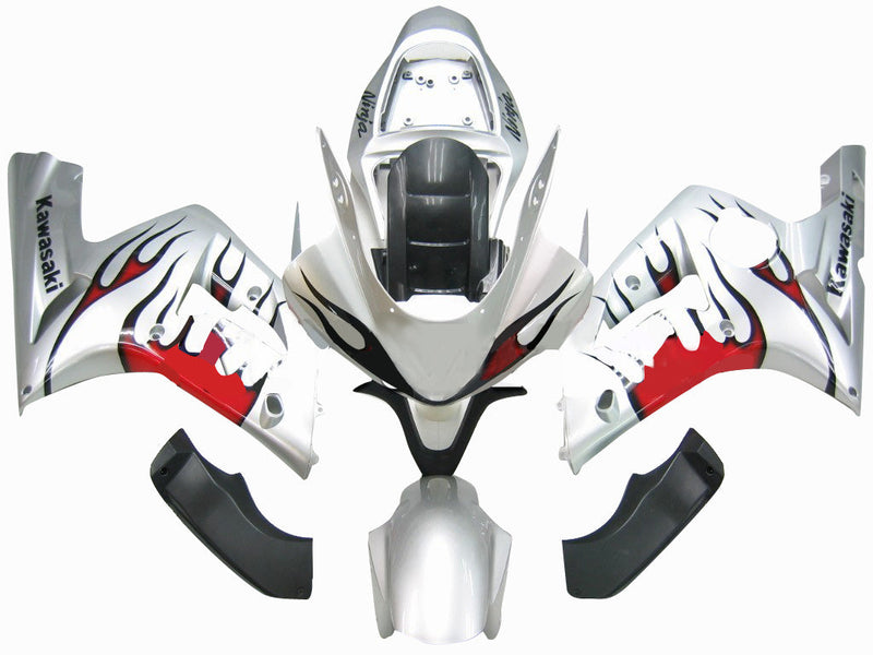 Fairings 2003-2004 Kawasaki ZX6R 636 فضي وأحمر لهب نينجا عام