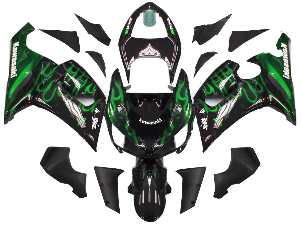 Fairings 2005-2006 Kawasaki ZX6R 636 Black &amp; Green Flame Ninja Generic