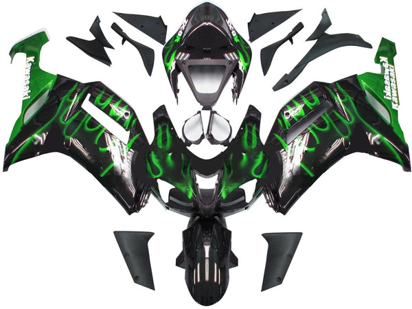 Fairings 2007-2008 Kawasaki ZX6R ZX636 Black & Green Flame Ninja  Generic