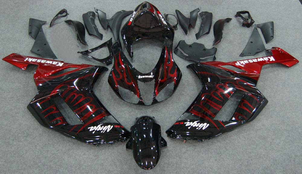 Fairings 2007-2008 Kawasaki ZX6R ZX636 Black & Red Flame Ninja  Generic