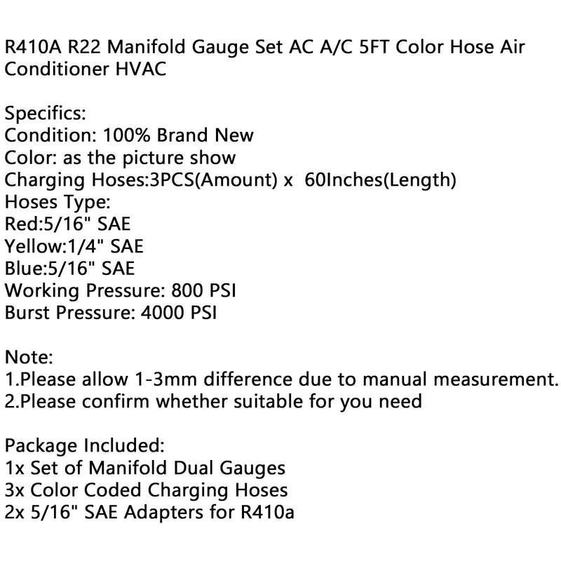 R410A R22 Juego de manómetros de colector AC A/C Manguera de color Aire acondicionado HVAC 66"