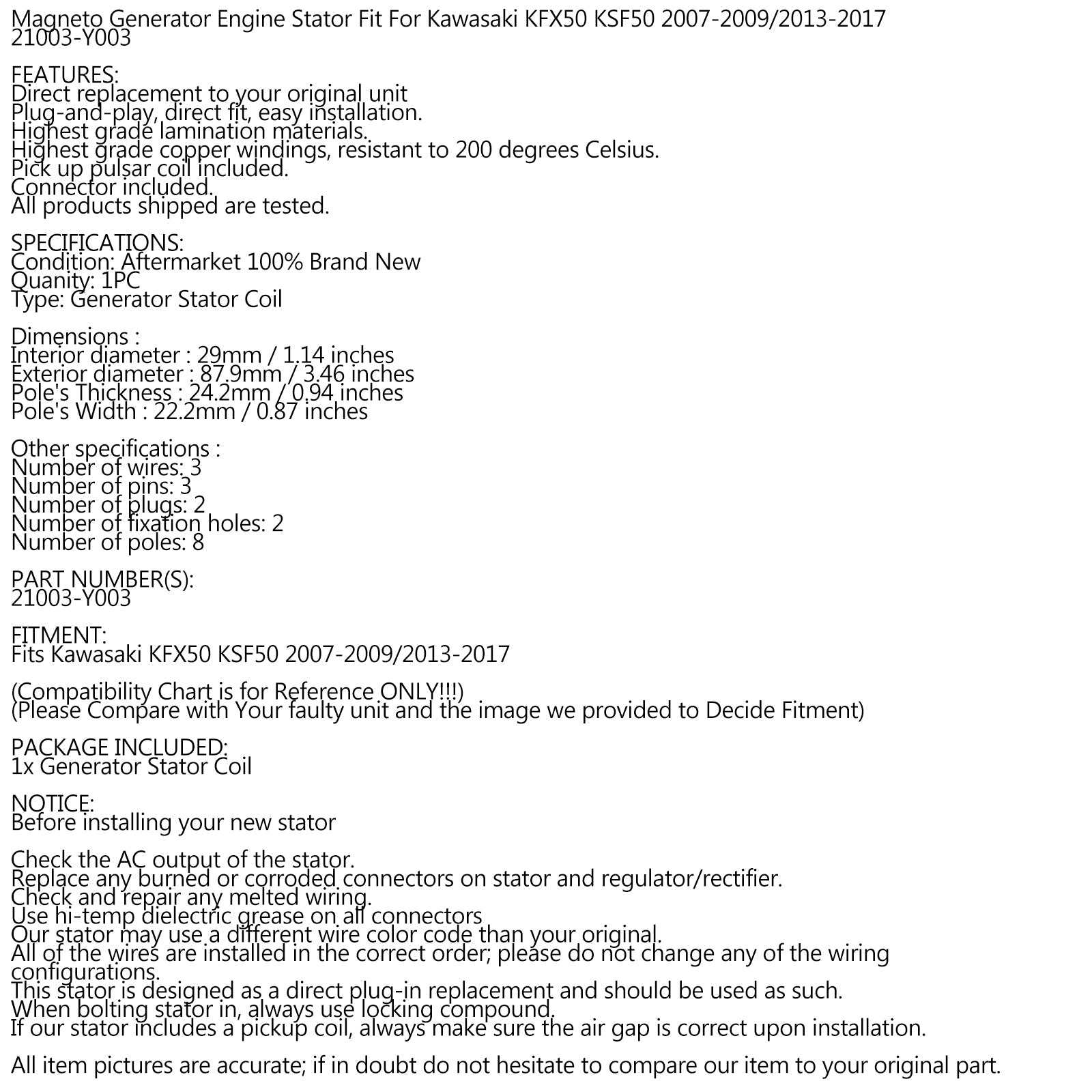 STATOR GENERATOR ALTERNATOR for KAWASAKI KFX50 KSF50 ATV REPLACE # 21003-Y003 Generic