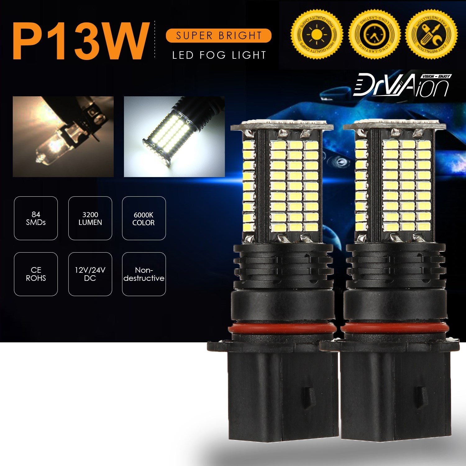 2PCS LED Headlight Driving Light Fog Light Lamp 6000K White Bright Generic