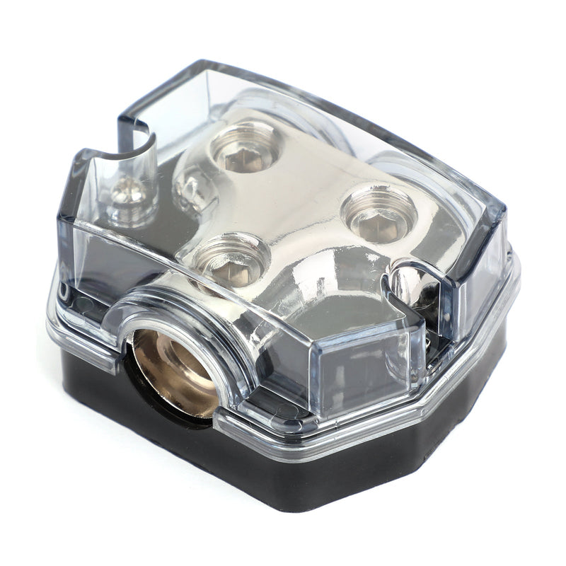 Carcasa de plástico de cubierta transparente resistente al calor Bloque de distribución de divisor niquelado 1x0 In 2x0 GA Out Block Splitter Fusebox para Car Audio Marine