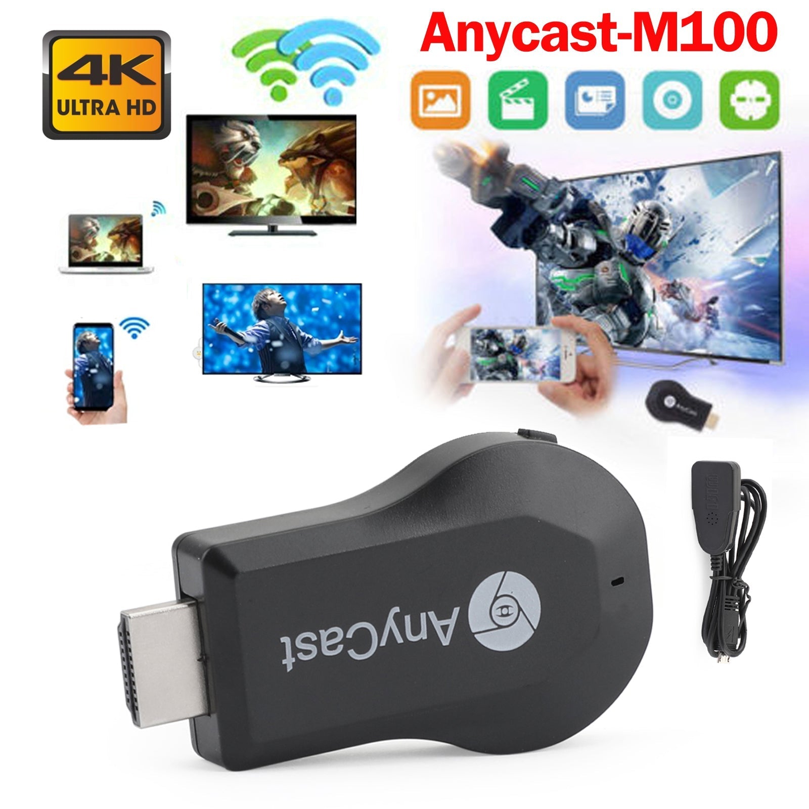 M100 True 4K TV Stick TV Streamer Anycast HDM WiFi Wireless Dongle Receiver