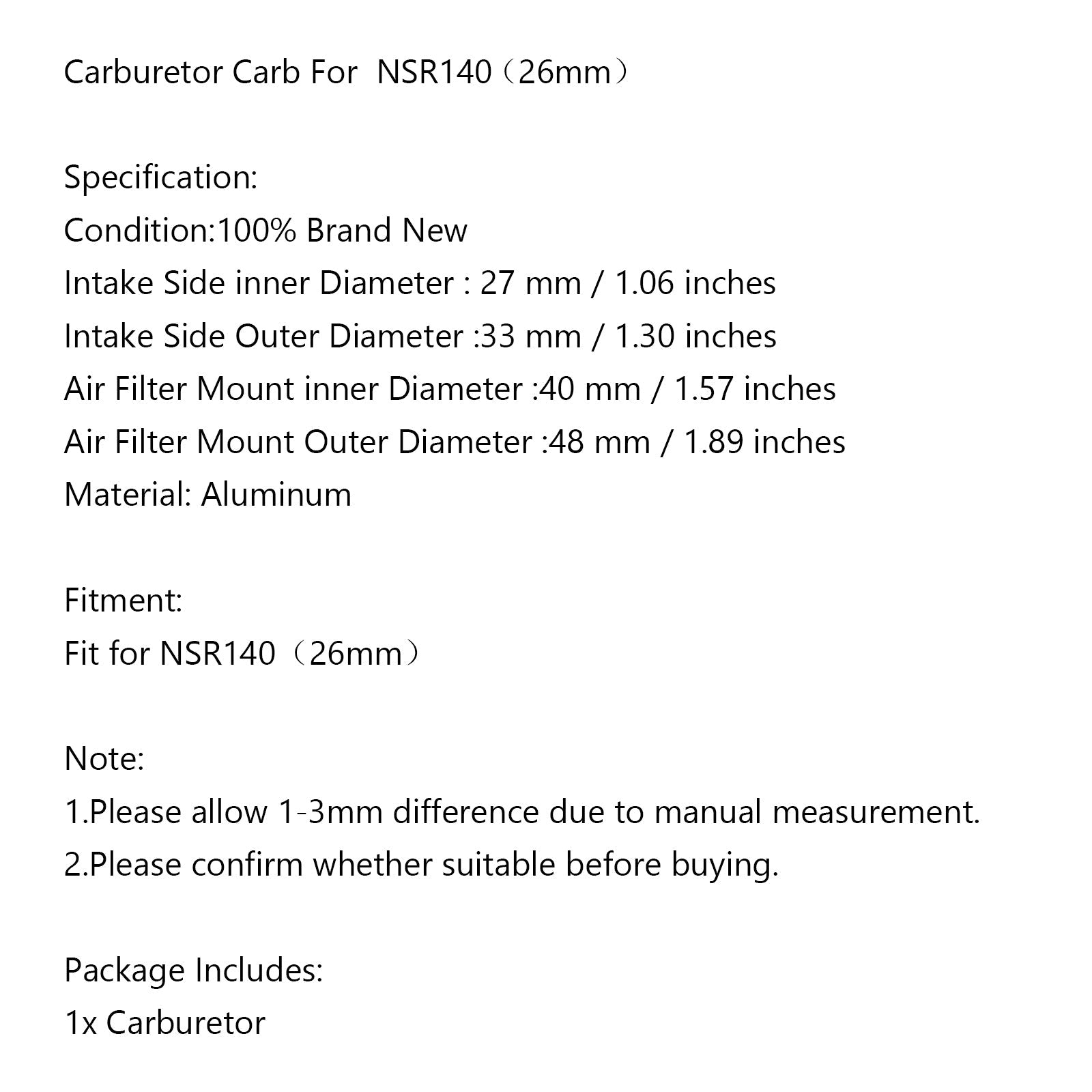 Carburador de rendimiento PE26 de 26 mm para motocicleta NSR140, scooter, ATV, genérico