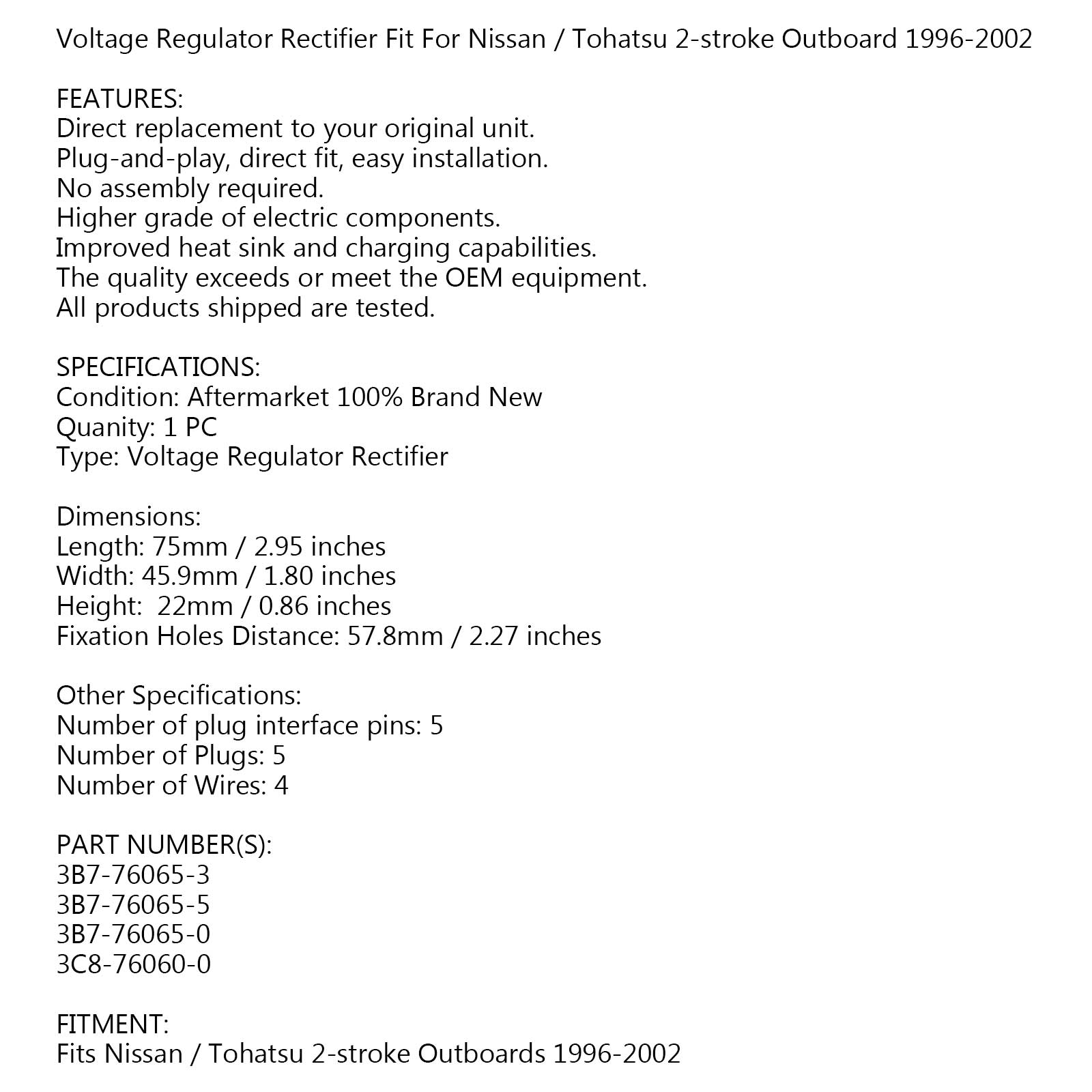 Rectificador regulador de voltaje para Tohatsu M40D M50D M60B M70B M90A 2002-2005 genérico