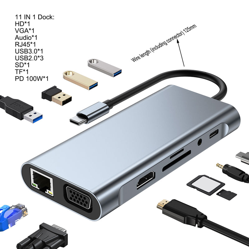 11 en 1 USB-C Tipo C Salida HD 4K USB 3.0 HD Adaptador HUB Base multifunción