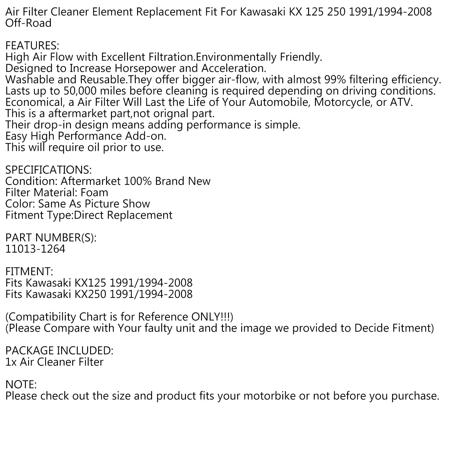 Reemplazo de filtro de aire de espuma para Kawasaki KX125 KX250 1991/1994-2008 #11013-1264 Genérico