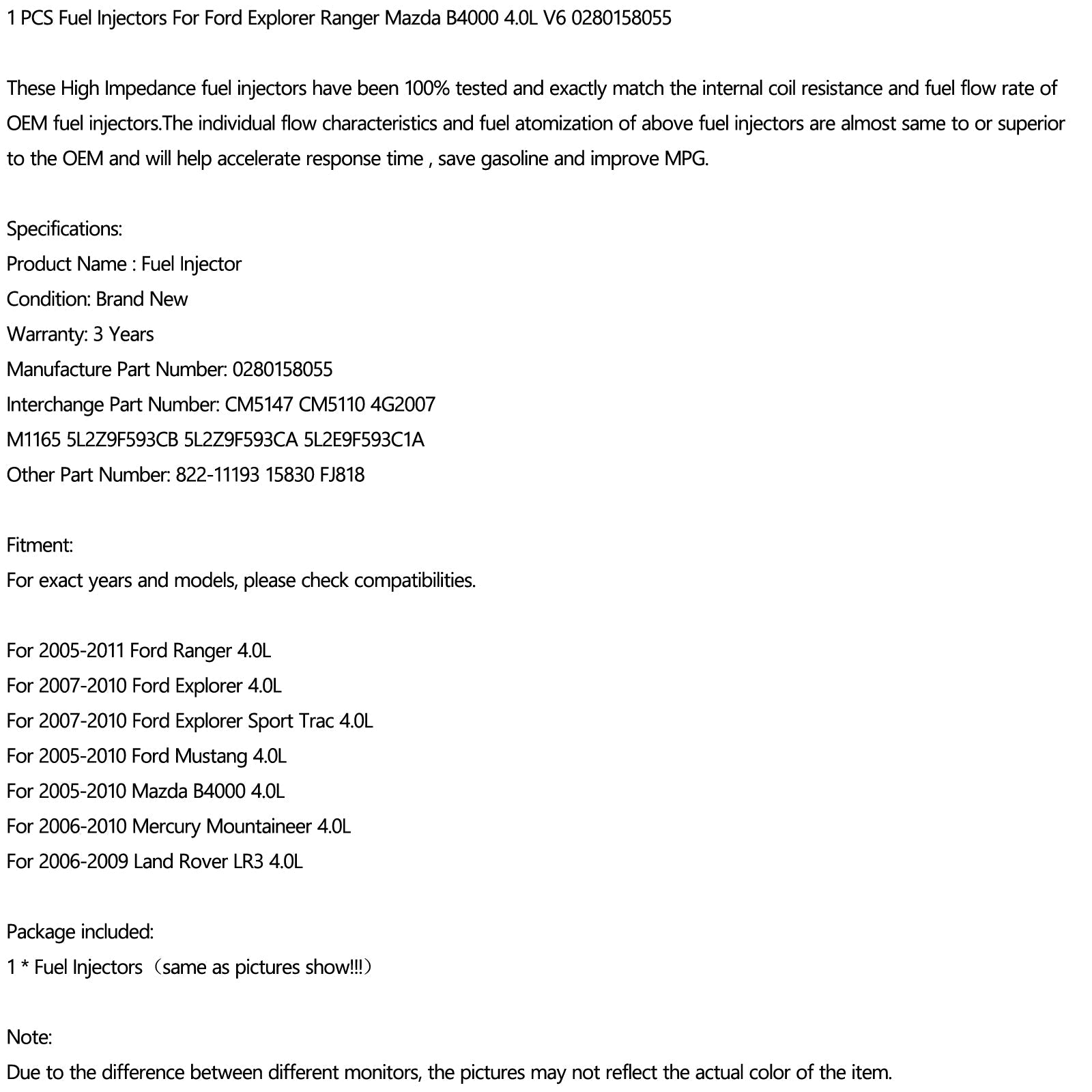 CM5110 M1165 4G2007 822-11193 5L2E9F593C1A 5L2Z9F593CA CM5147 5L2Z9F593CB FJ818 1PCS Fuel Injectors Fits for Ford Explorer Ranger Mazda B4000 4.0L V6 0280158055 15830 Generic