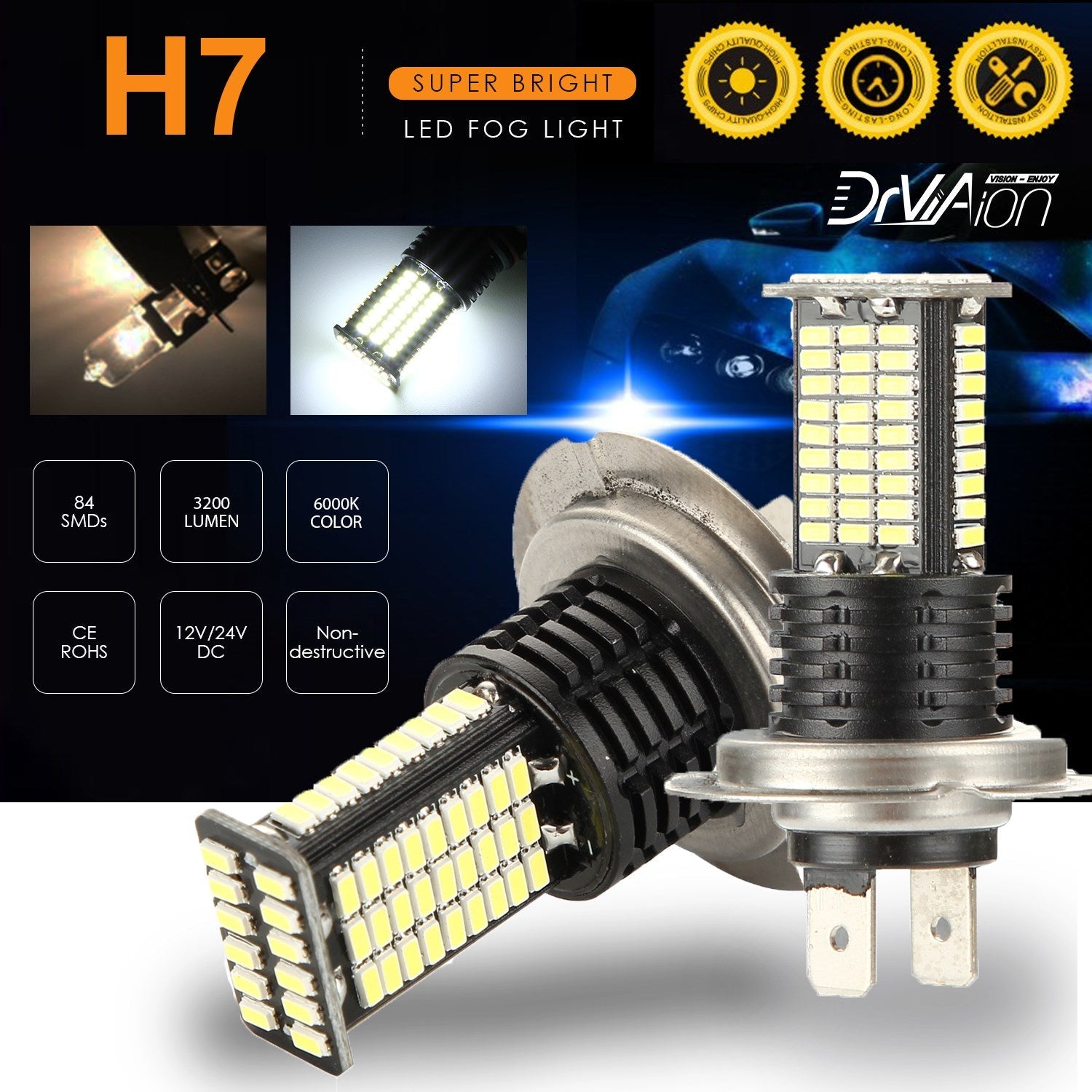 2PCS LED Headlight Driving Light Fog Light Lamp 6000K White Bright Generic