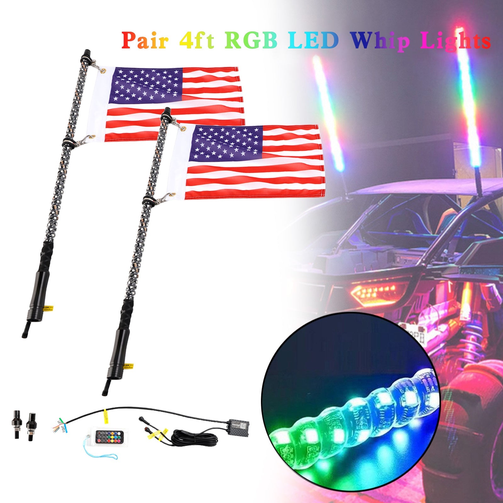 Antena de luces de látigo con aplicación LED RGB de 2x 4 pies con control remoto de bandera para Polaris UTV ATV