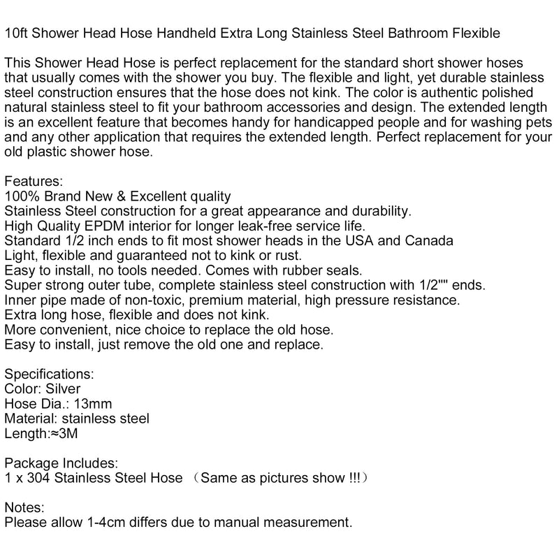 10ft Shower Head Hose Handheld Extra Long Stainless Steel Bathroom Flexible
