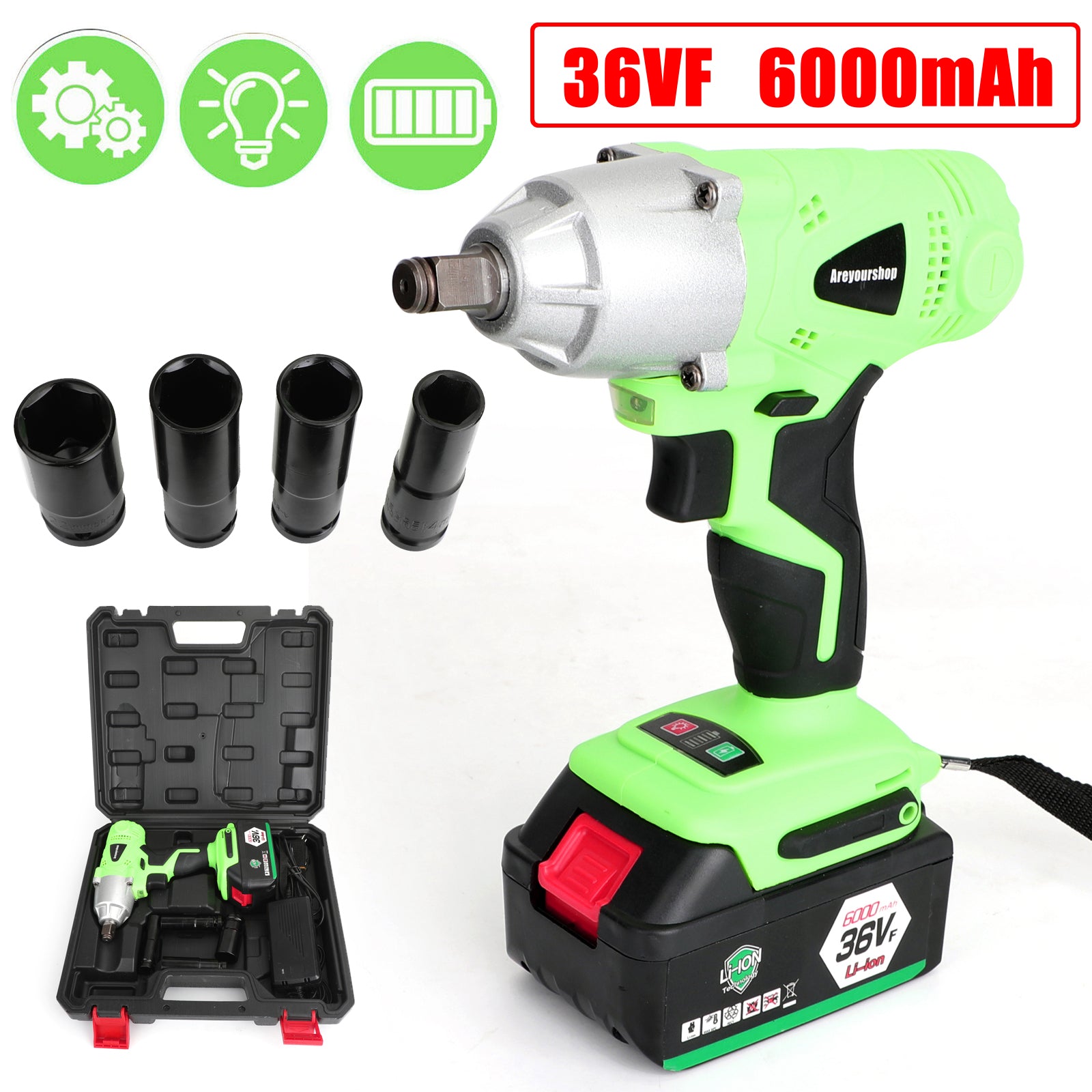 36VF Electric Cordless Impact Wrench Torque Drill Tool w/ 6000mAh Li-Ion Battery