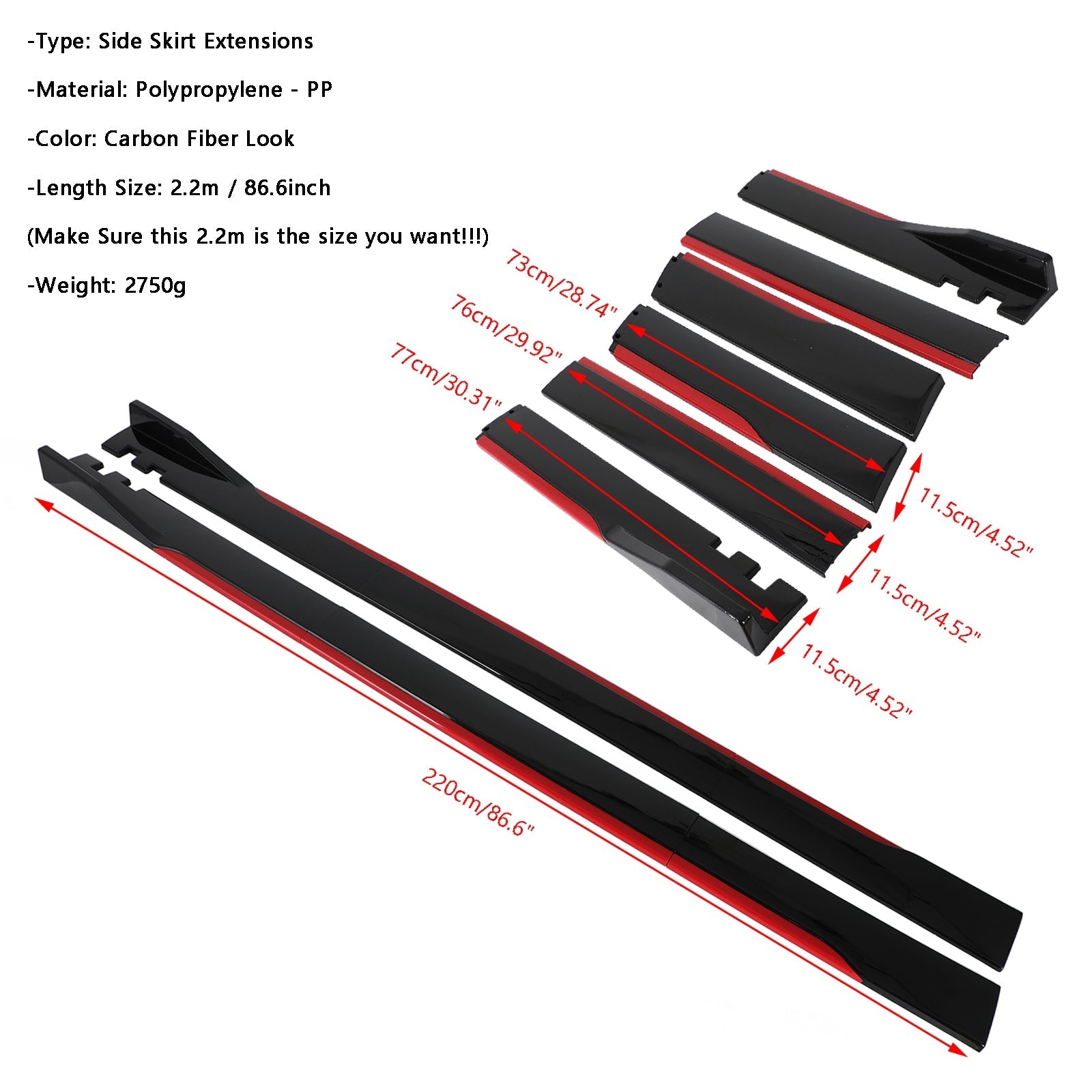 86.6" Universal Side Skirt Extensions Rocker Panel Splitters Lip Polypropylene Generic