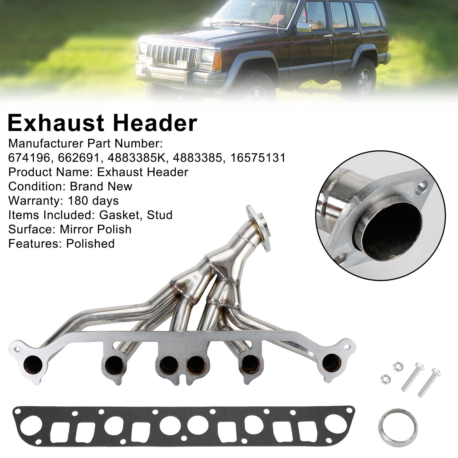 1991-1992 Comanche Cherokee Limited Wrangler Islander Exhaust Manifold Stainless Steel 4.0L V6