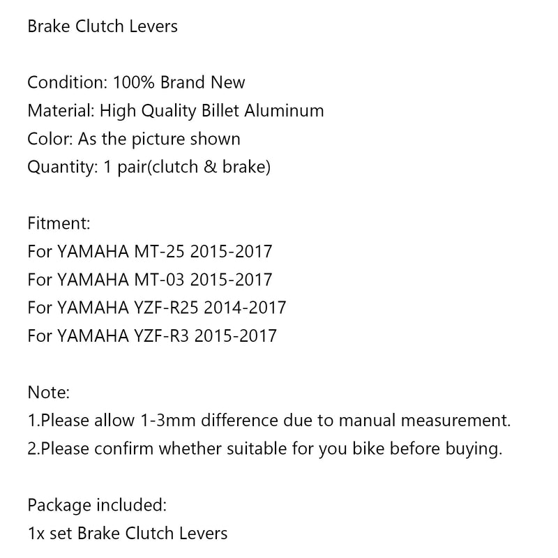 Palancas de embrague de freno para YAMAHA YZF R3 R25 MT 25 2015-2017 Plata Genérica
