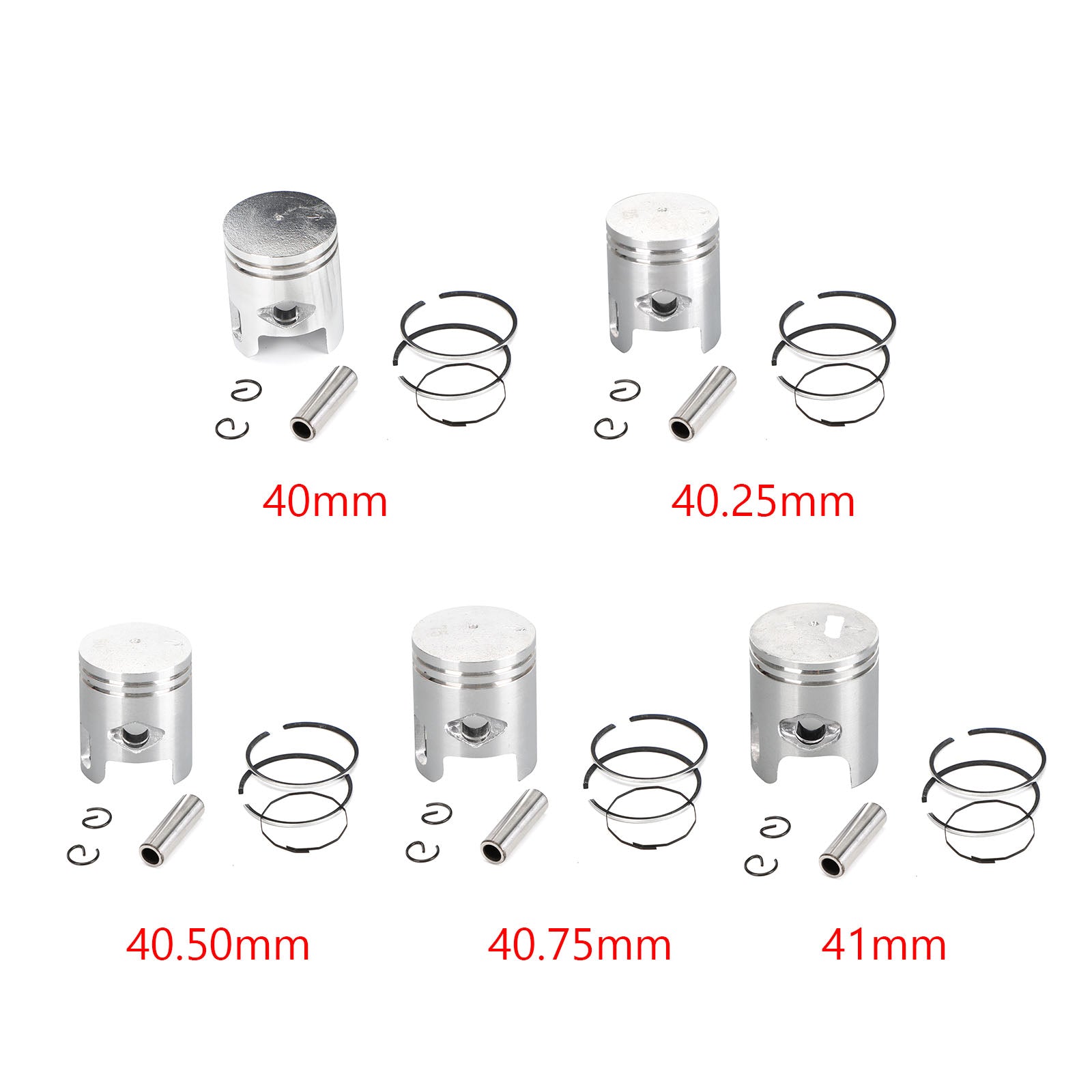 Kit de clip de pasador de anillo de pistón para Can-Am Mini Ds Quest 50 2002-2006 STD (40 mm) 0,25 mm (40,25 mm) 0,50 mm (40,50 mm) 0,75 mm (40,75 mm) 1,00 mm (41 mm) Tamaño de orificio genérico