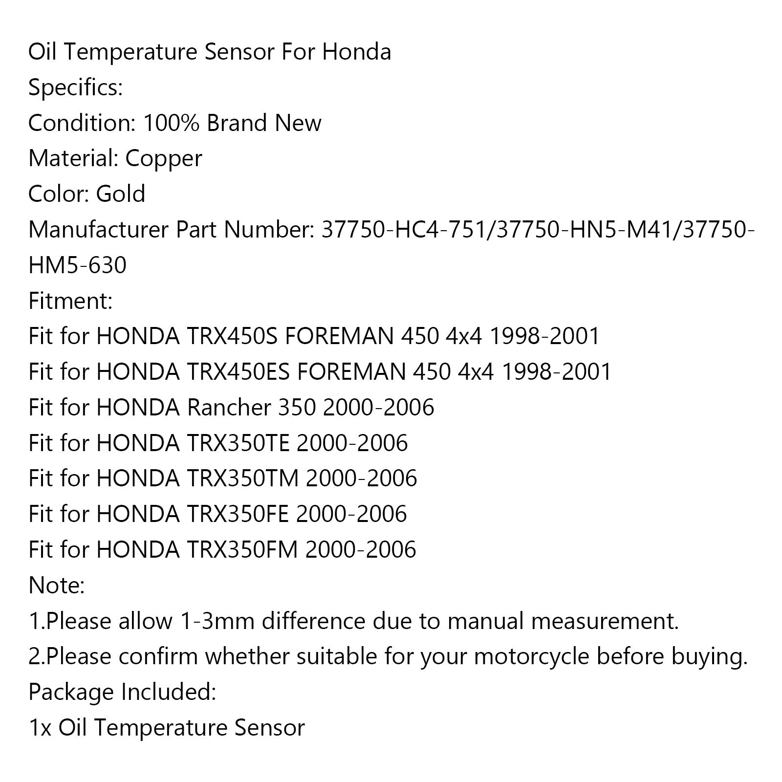 Oil Temperature Sensor 37750-HC4-751 for Honda TRX450S TRX450ES Rancher 350 Generic