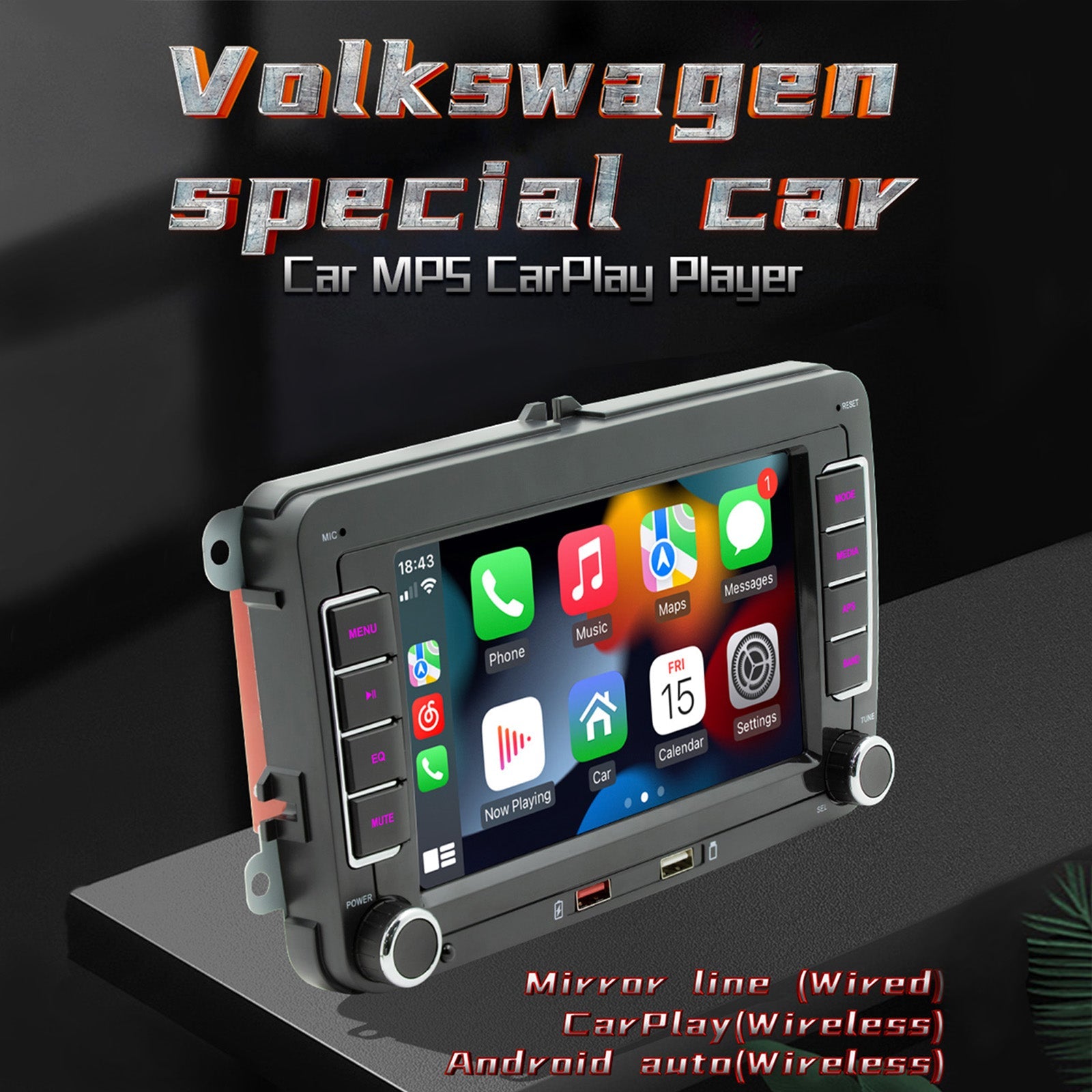 7" Volkswagen Car Bluetooth Radio Car MP5 Player Inalámbrico Carplay + 4 Cámara LED