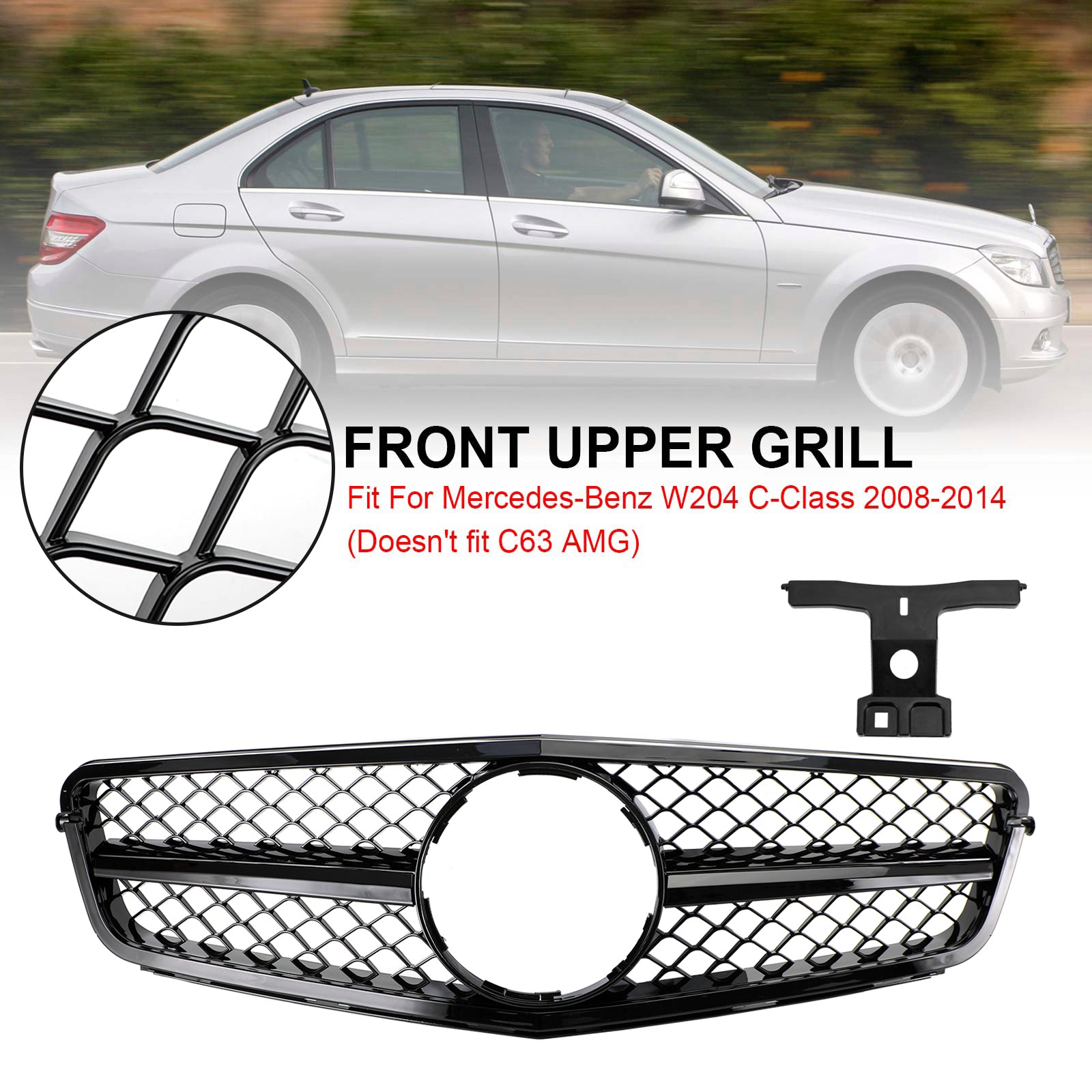 C63 Style Gloss Black Grill Grille Fits C-Class Benz W204 C300 C350 2008-2014