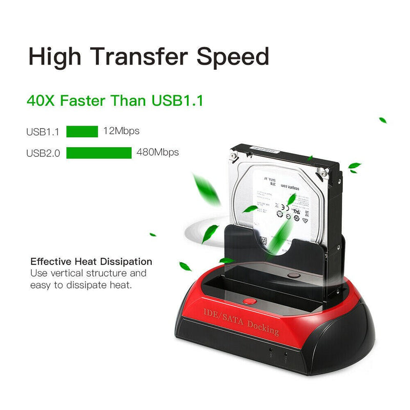 USB 2.0 to IDE/SATA External Hard Drive Docking Station 2 Bay 2.5" 3.5" HDD US