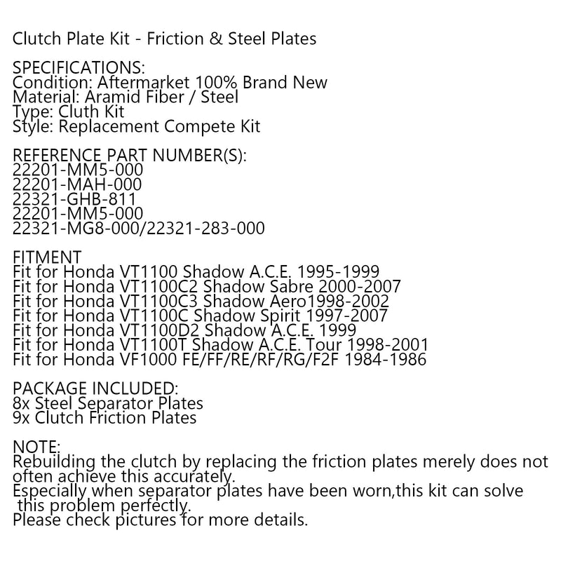 Kit de embrague Acero y placas de fricción para Honda VT1100 Shadow VF1000 FE/FF/RE Generic