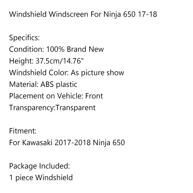 زجاج أمامي من البلاستيك ABS للدراجات النارية لـ KAWASAKI EX650 Ninja650 17-18 B عام