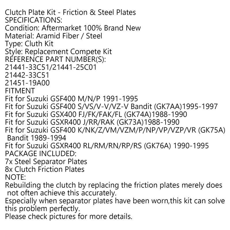 Kit Embrague Acero y Placas de Fricción para Suzuki GSF400 M/N/P GSX400 GSXR400 J/RR Genérico