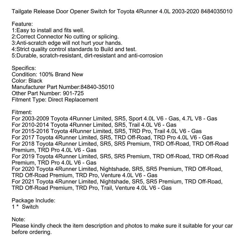 Interruptor de apertura de puerta de liberación de puerta trasera para Toyota 4Runner 4.0L 2003-2020 8484035010 genérico