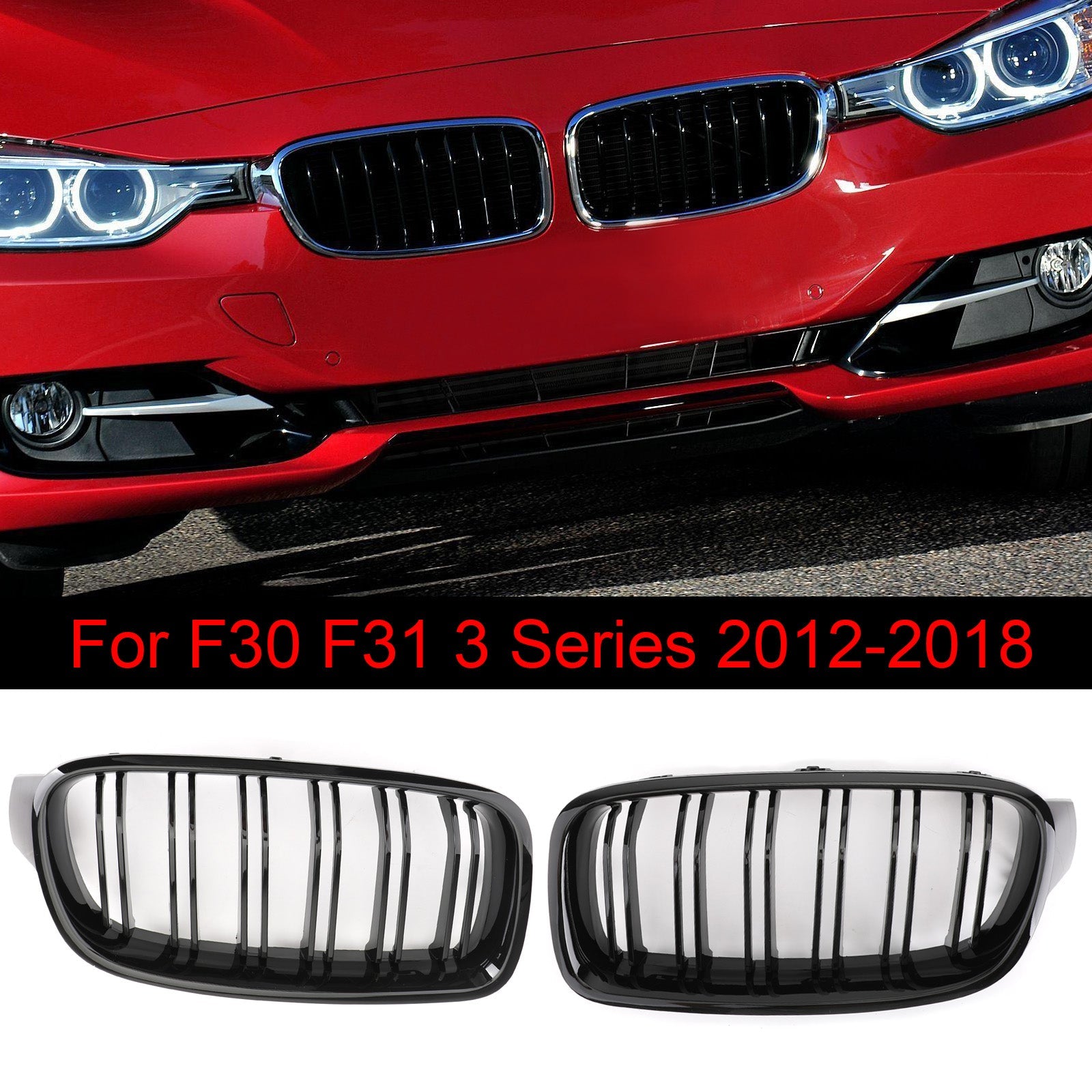 شبكة أمامية سوداء لامعة تناسب BMW الفئة الثالثة F30 F35 2012-2017 شرائح مزدوجة