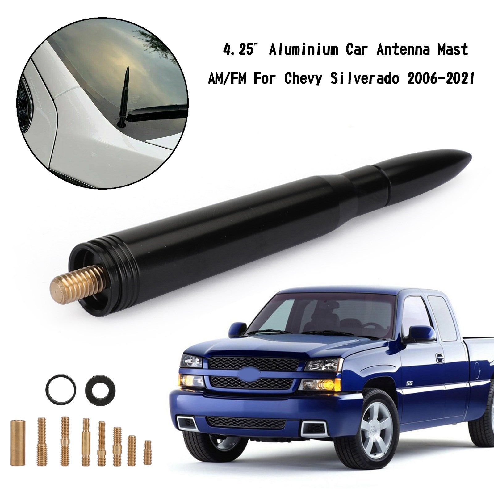 Mástil AM/FM de antena de coche de aluminio de 4,25" para Chevy Silverado 2006-2021 genérico