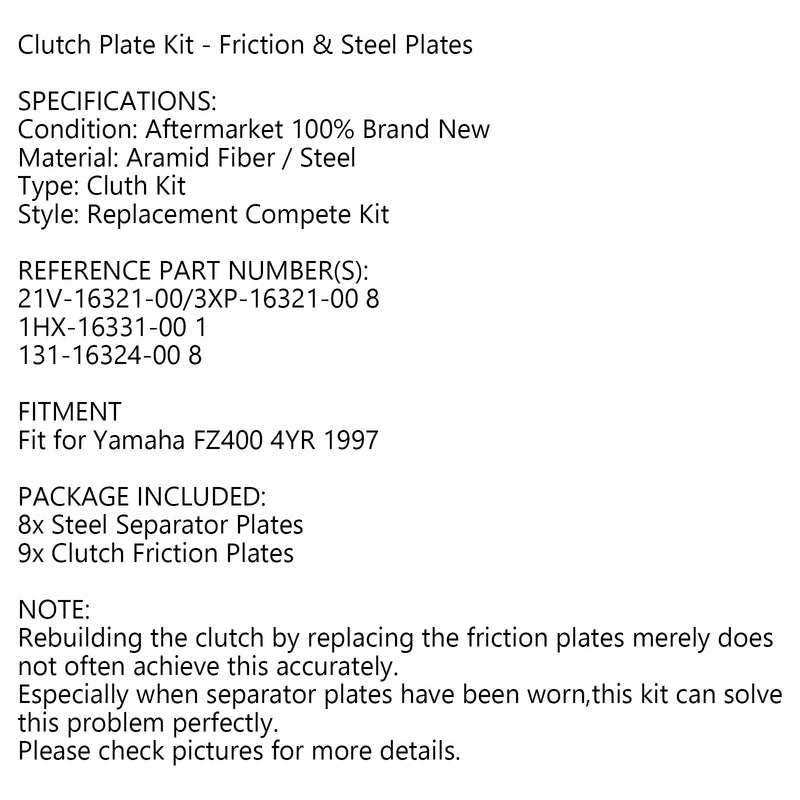 Clutch Kit Steel & Friction Plates for Yamaha FZ400 4YR 1997 1HX-16331-00 Generic