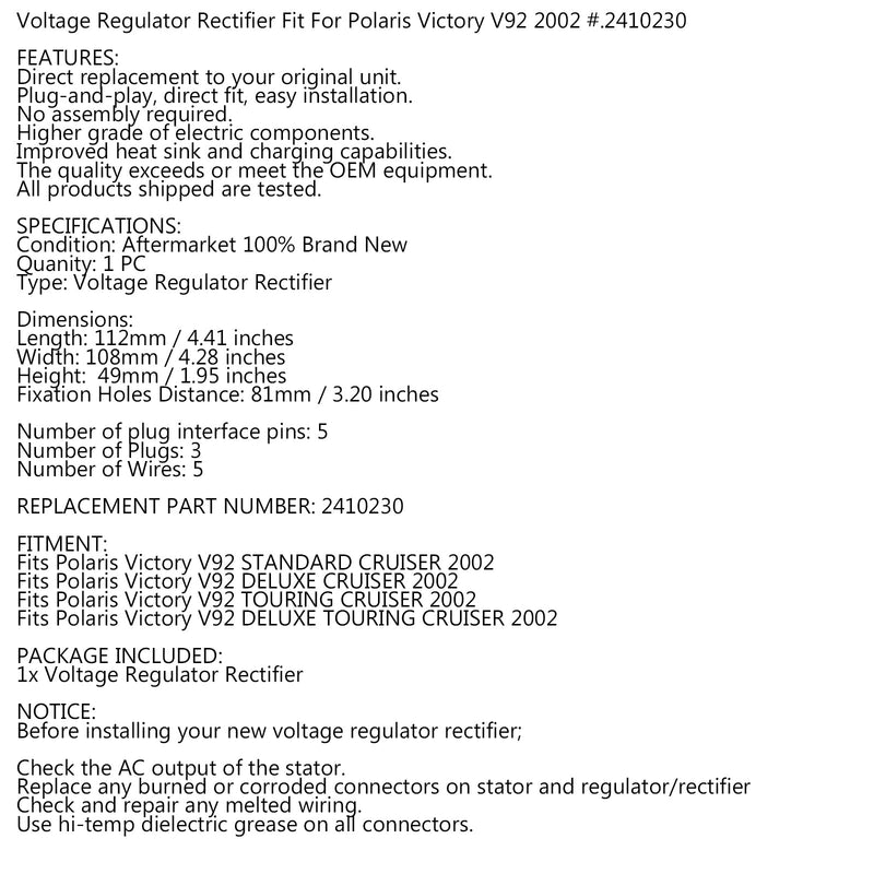 Regulador rectificador para Polaris Victory V92 Cruiser 2002 Reemplazo 2410230 Genérico