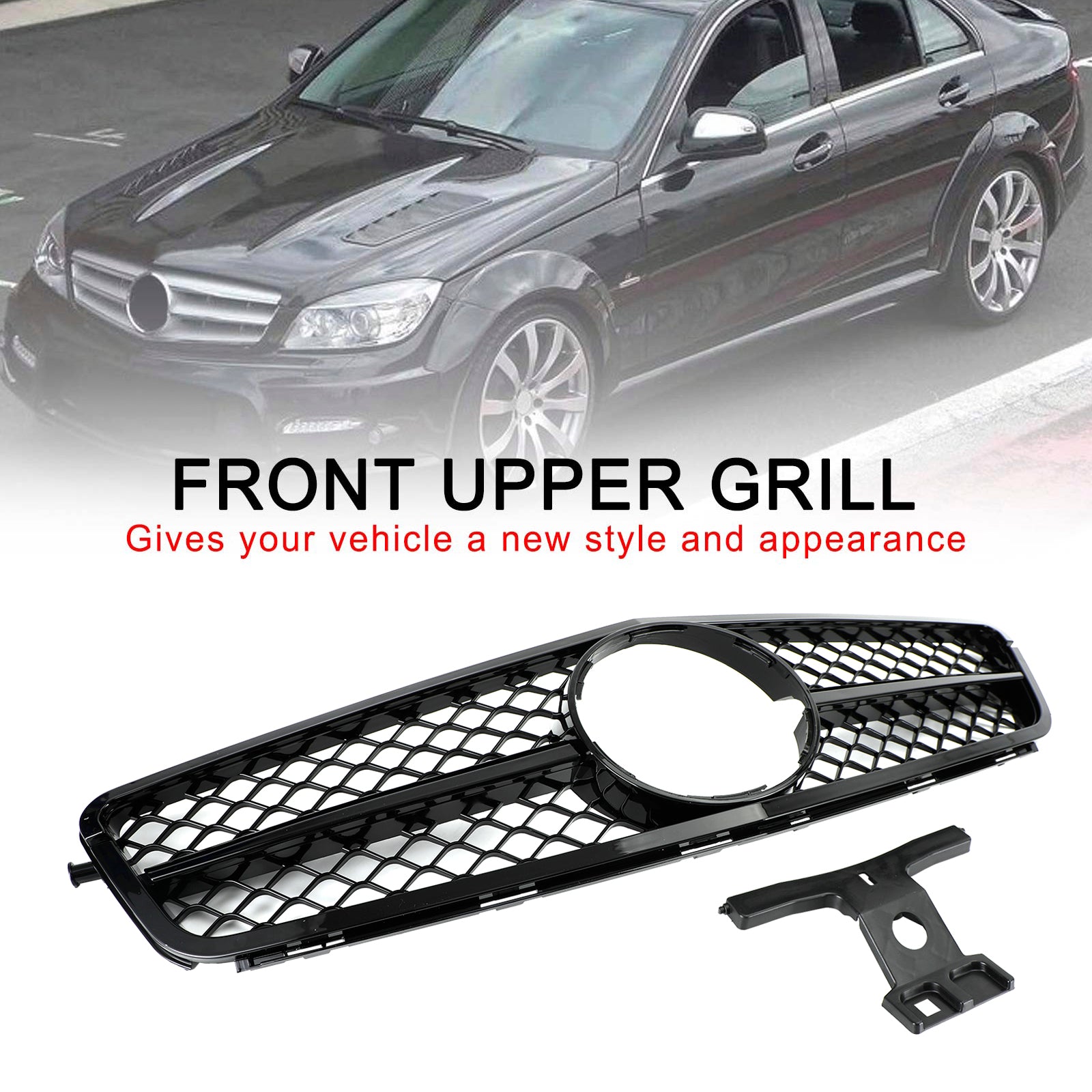 C63 Style Gloss Black Grill Grille Fits C-Class Benz W204 C300 C350 2008-2014