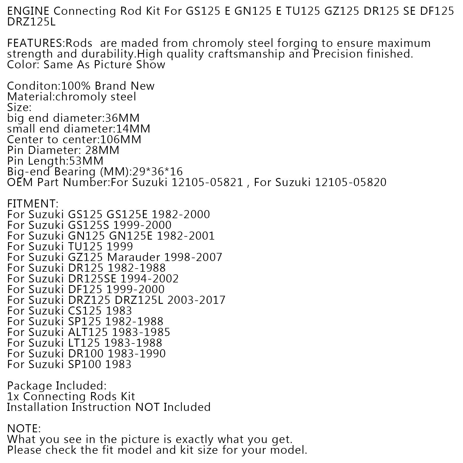 Connecting Rod Kit For Suzuki GS GN GZ DR DF DRZ CS SP ALT LT 125 DR SP 100 New Generic
