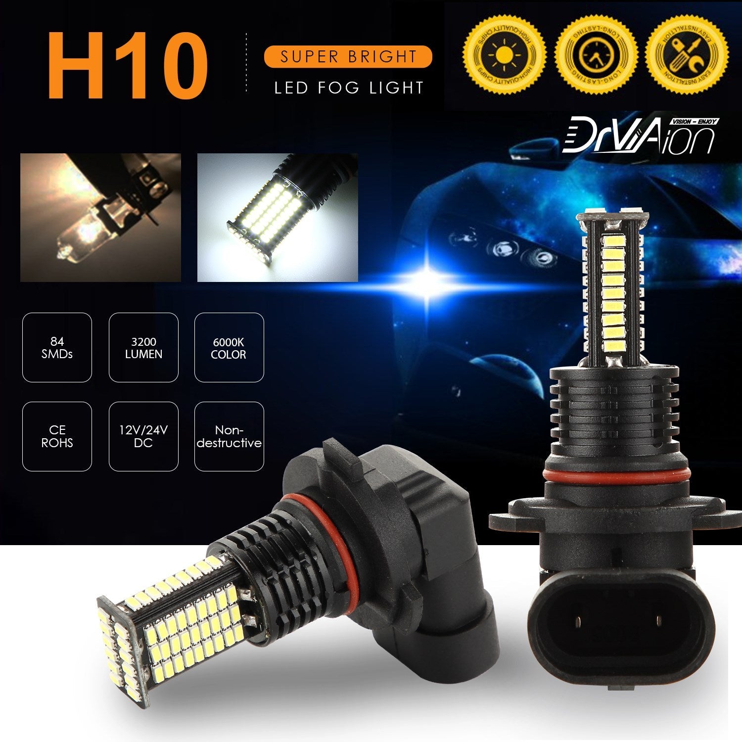 2PCS LED Headlight Driving Light Fog Light Lamp 6000K White Bright Generic