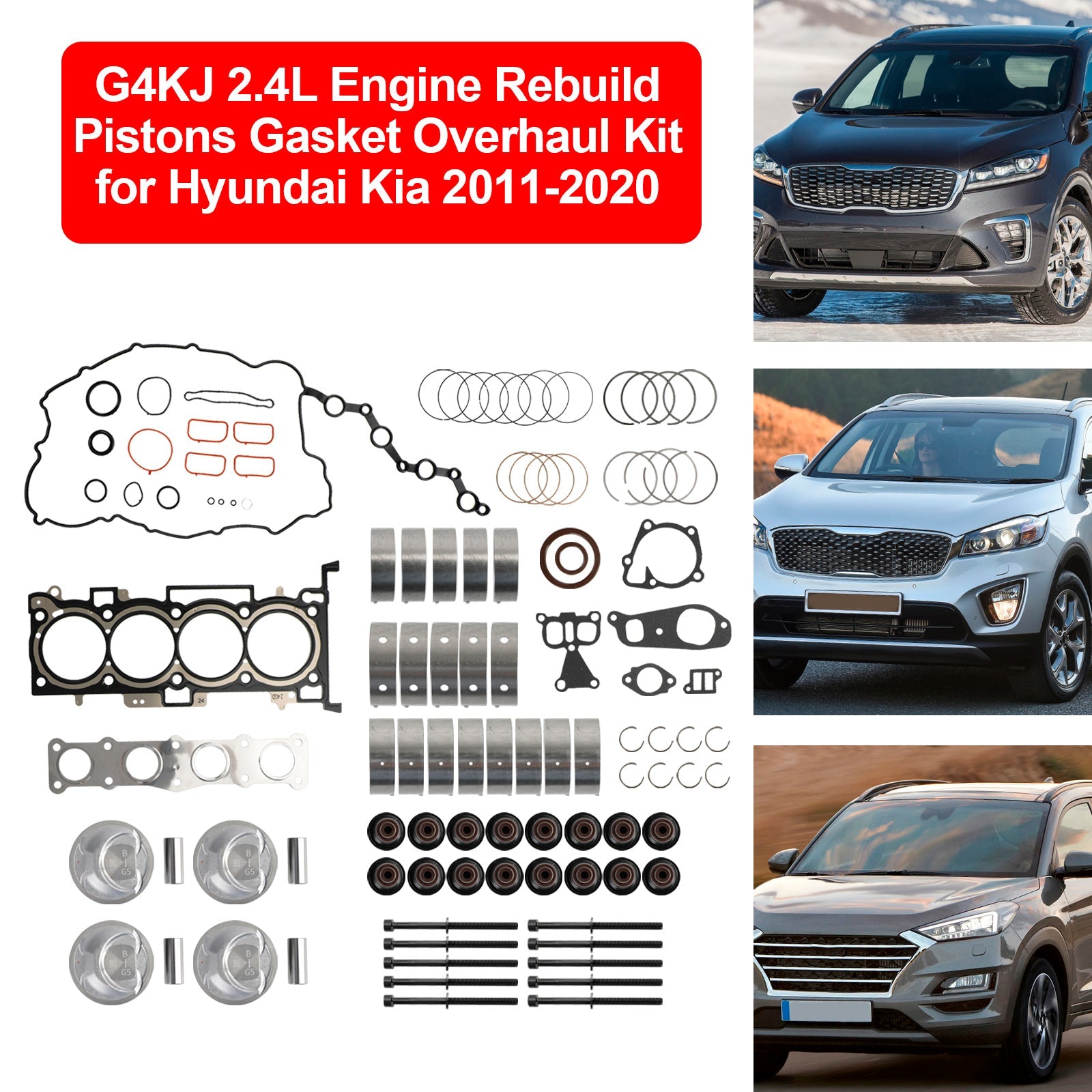 2011-2016 Hyundai Sonata 4-Door 2.4L G4KJ 2.4L Engine Rebuild Pistons Gasket Overhaul Kit