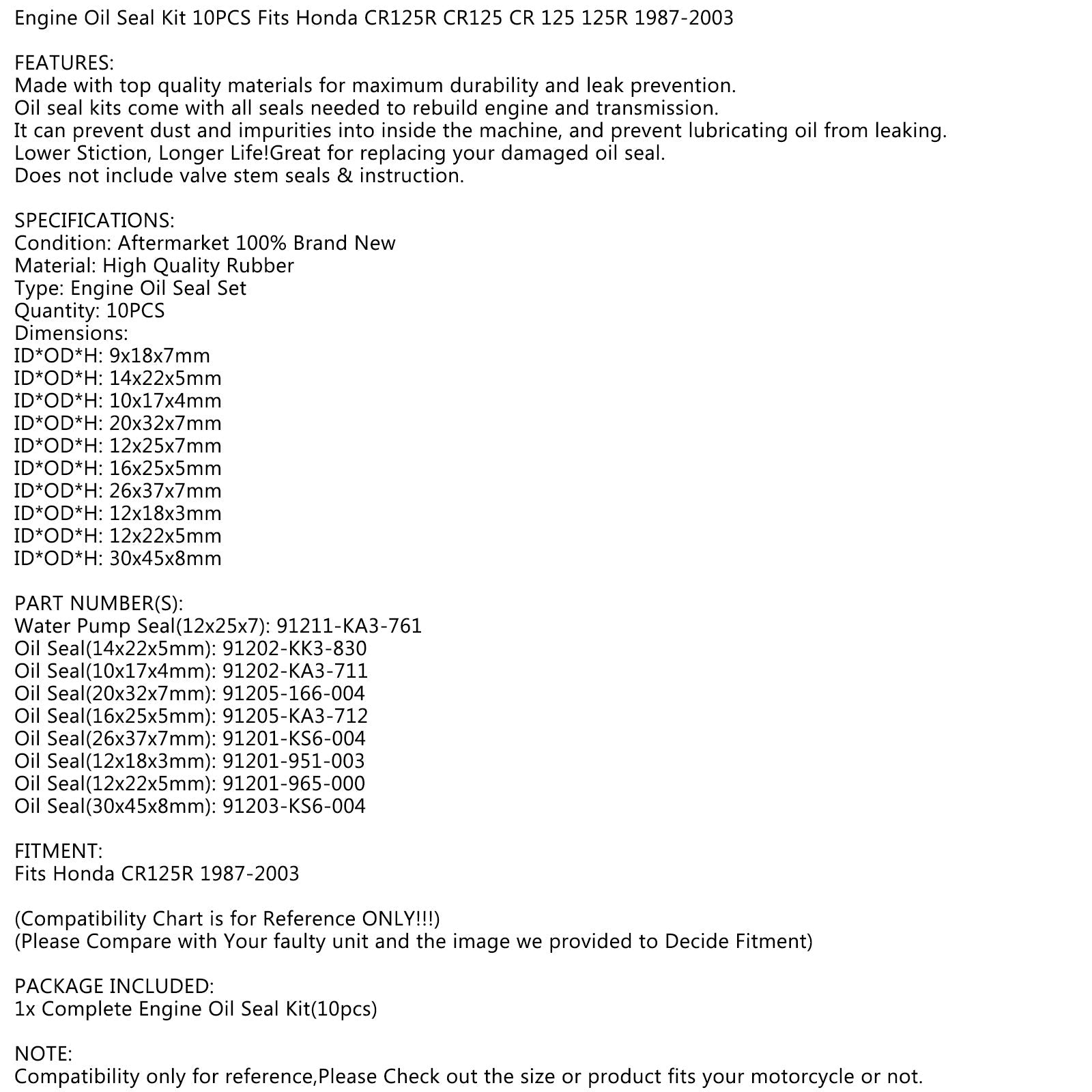 10pcs Engine Oil Seal Kit for Honda CR125R CR125 CR 125 125R 1987-2003 Generic
