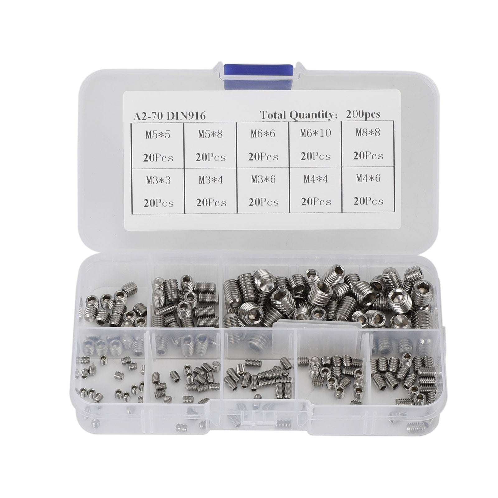 200Pcs Stainles Steel M3-M8 Hex Socket Set Screw Grub Screws Assortment Kit